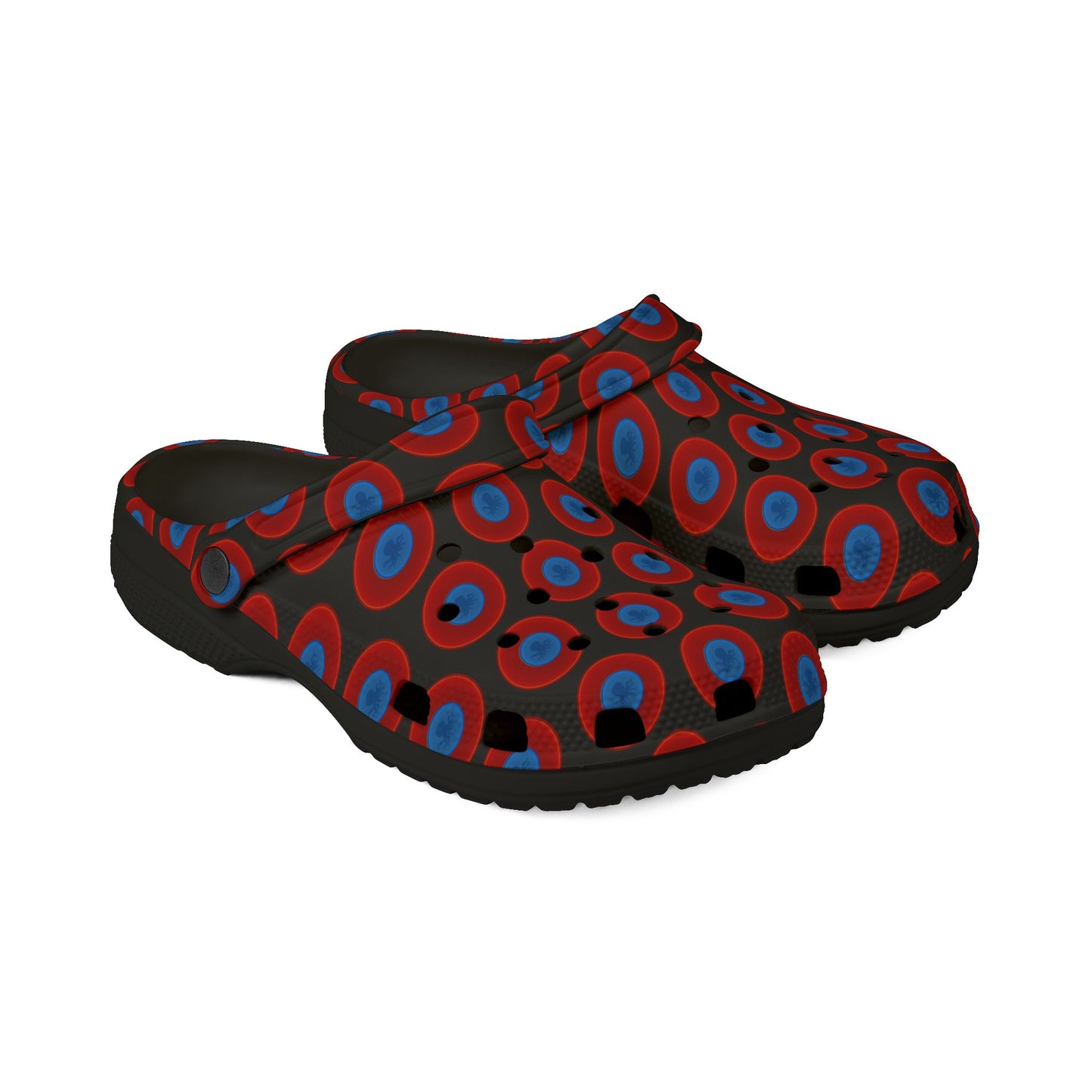 Spatchcocks - donut slip-on shoes - "Roger Moore's Octopussy Donut" - red vivid donuts w/black background [unisex]