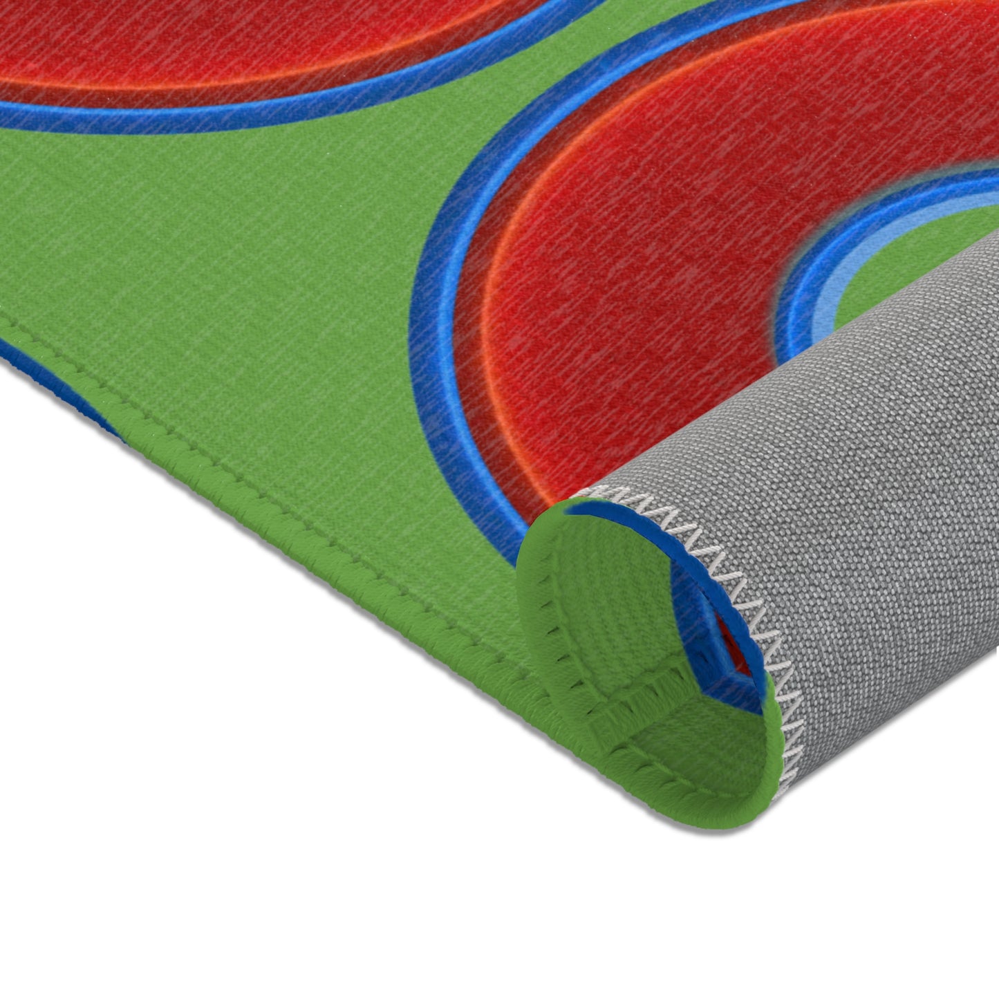 Lumpy Donut Print Rug - choice of 3 sizes - vivid red donut print w/light green background