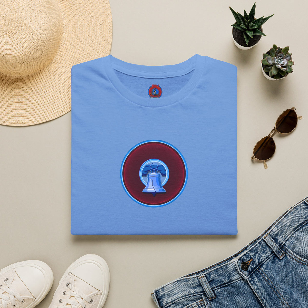 Classic Donut Tee - Unisex Soft-Style - "Brotherly Donuts Jawn" - vivid dark purple-red/light blue donut