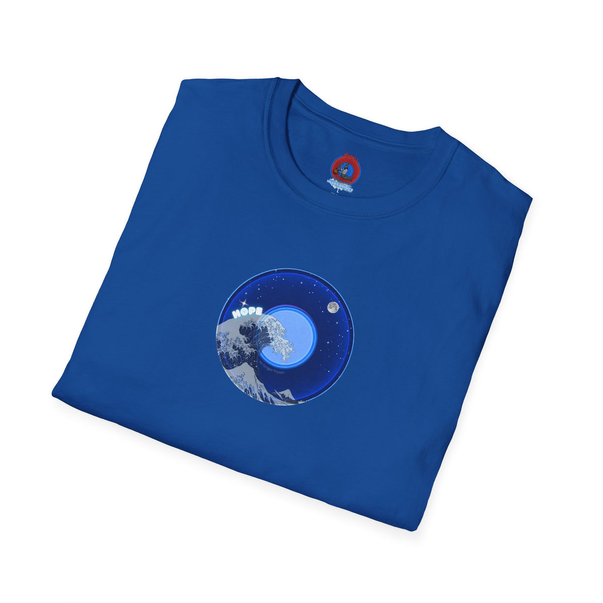 Classic Donut Tee - Unisex Soft-Style - "The Hopeful Waving Donut" - variant 2 - vivid blue donut