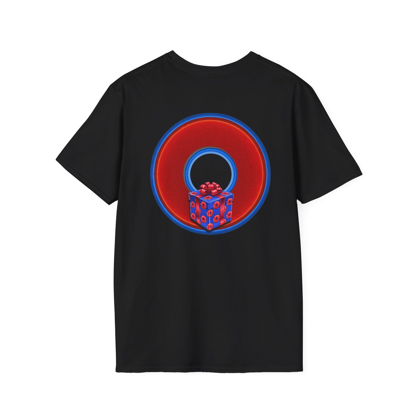 Classic Donut Tee - Unisex Soft-Style - "Phishmas Caroler's Tee " - vivid red/blue donut - variant 1