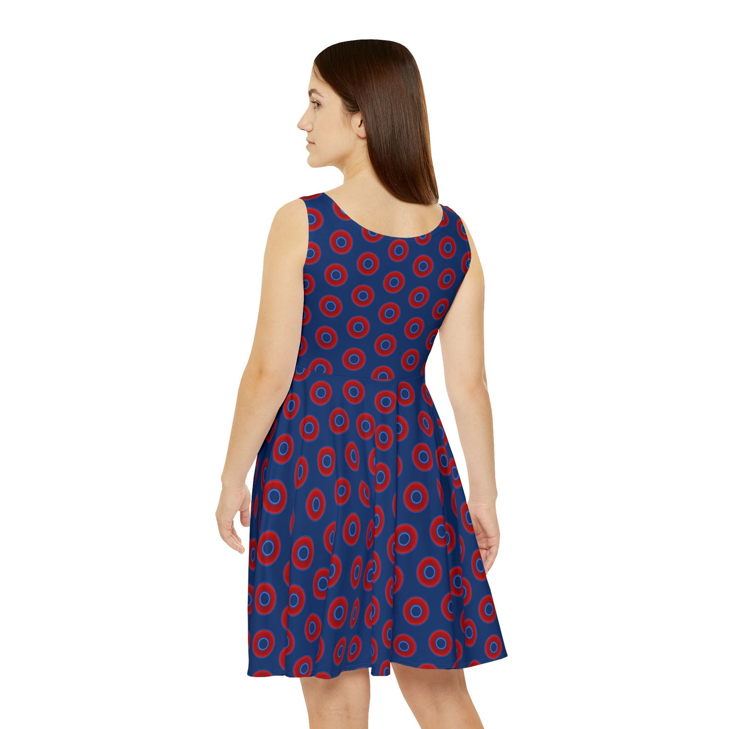 Women's Skater Donut Dress - vivid red donut print w/Atlantic navy background