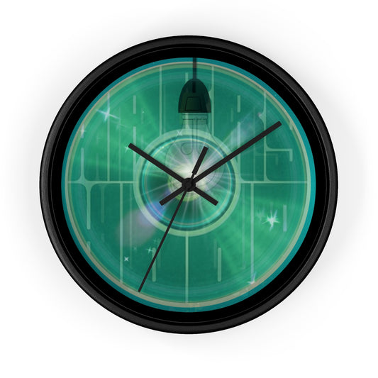 Lumpy Wall Clock - "Harry Hoodlum Donut Clock" - variant 2 - green vivid/word donut w/light & black background