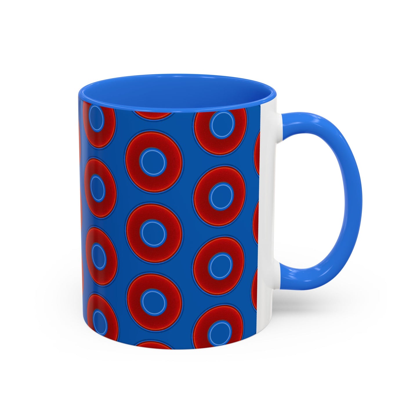 Lump's Grumpy Coffee Mug - vivid red donuts w/dark royal blue background