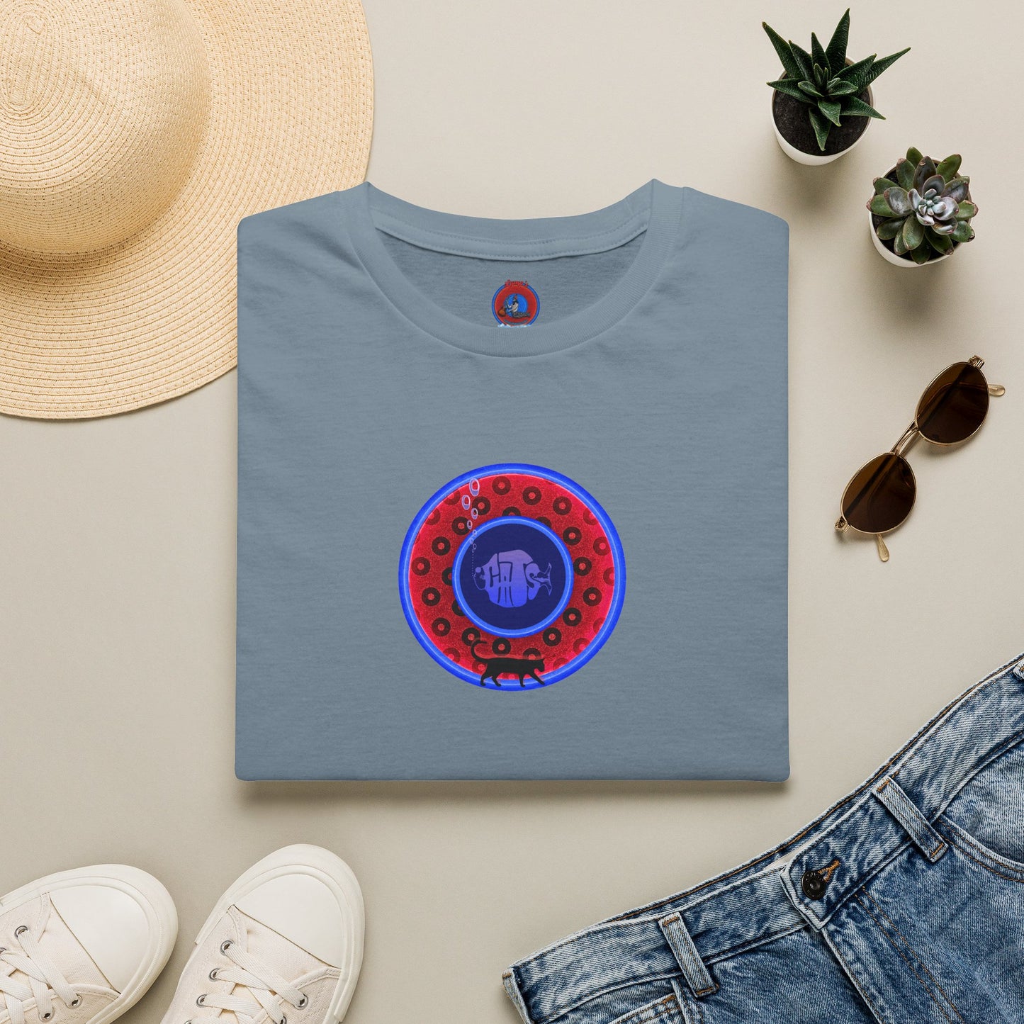Classic Donut Tee - Unisex Soft-Style - "The Cat's Meow Donut' - red/blue paradox widemouthed donut