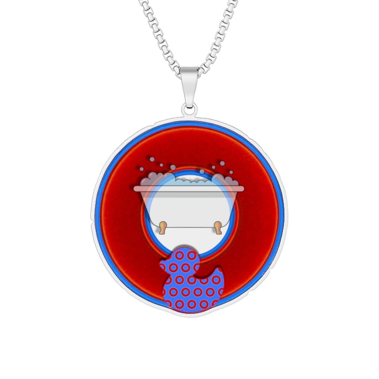 Copy of Lump's Heady Donut Necklace - 1" x 1" Stainless Steel Pendant - "Rubber Ducky Bath Time Donut" - vivid red/blue donut w/tub - variant 2