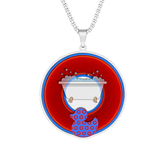 Lump's Heady Donut Necklace - 1" x 1" Stainless Steel Pendant - "Rubber Ducky Bath Time Donut" - vivid red/blue donut w/tub - variant 2