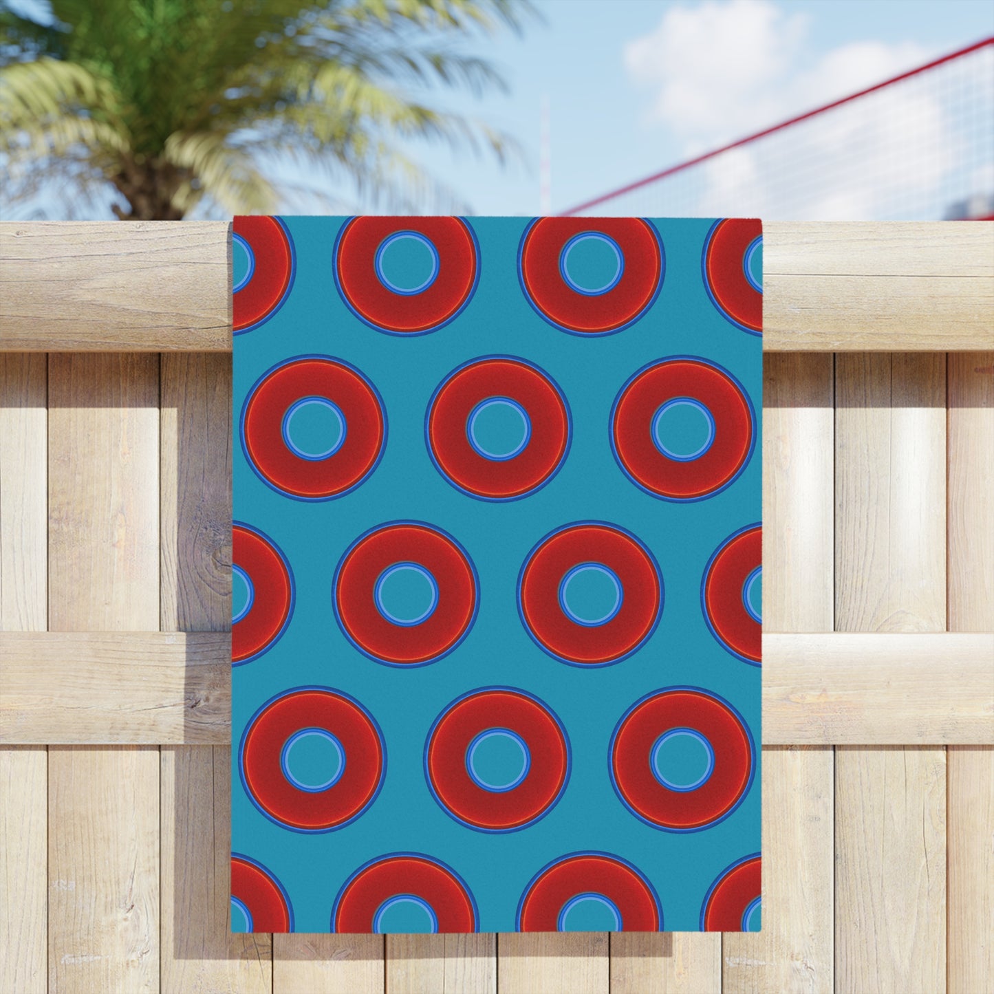 Lumpy Donut Towels - vivid red donuts w/aquamarine blue background