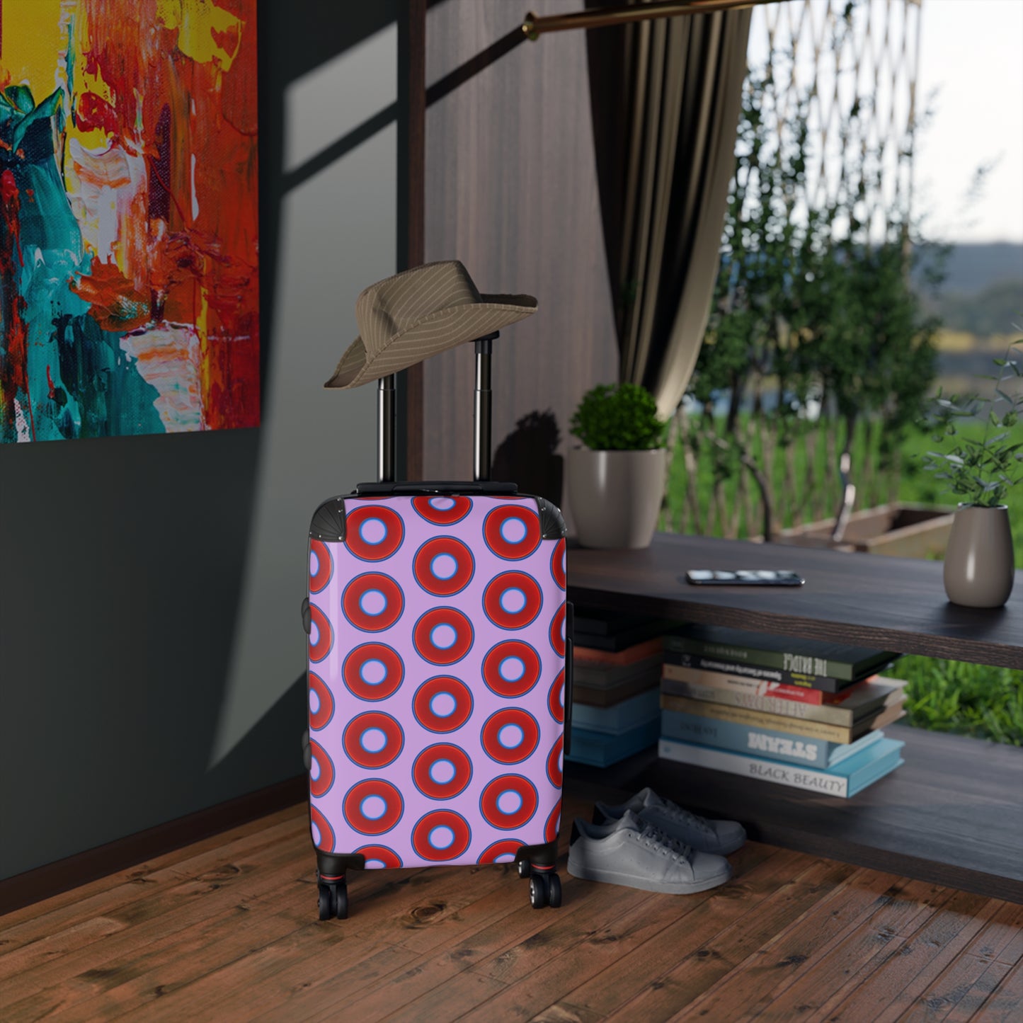 The Very Lumpy Donut Suitcase series - your choice of S, M or L - vivid red donut print w/wisteria purple background