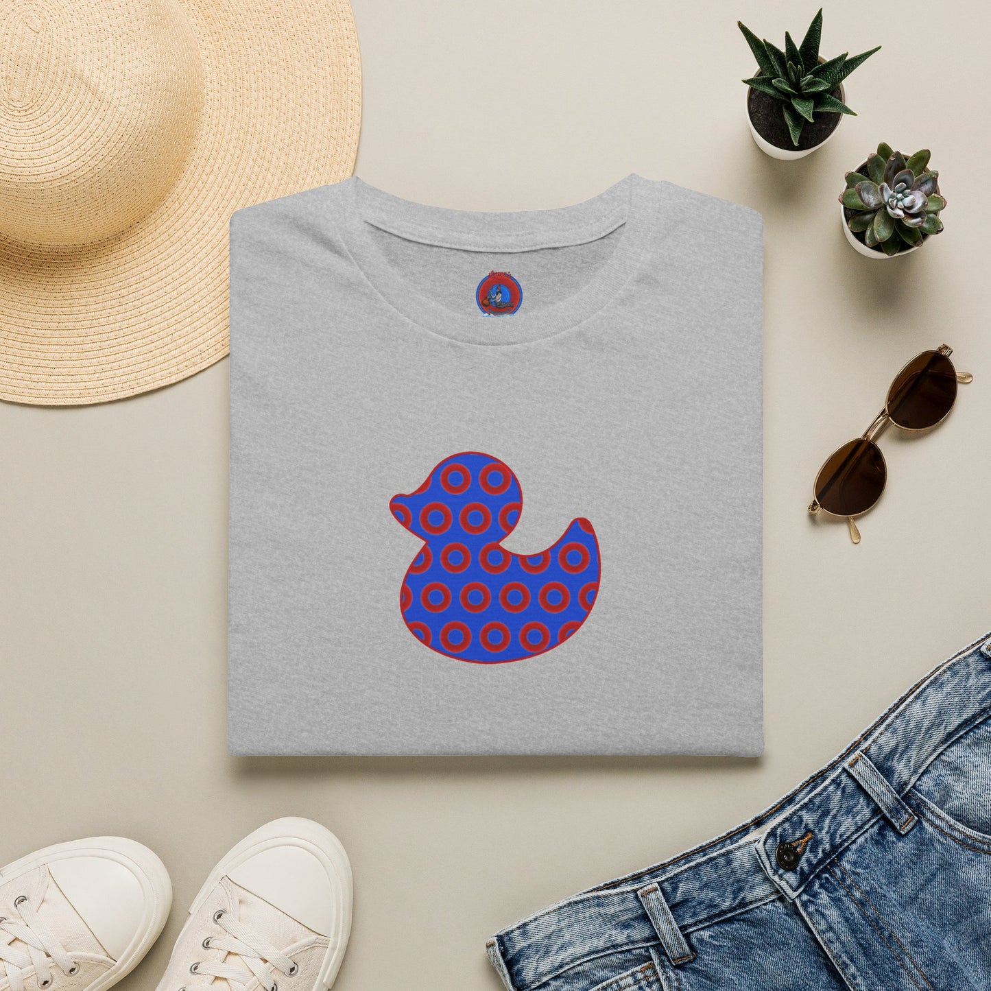 Classic Donut Tee - Unisex Soft-Style - "Rubber Ducky Bath Time Donut" - vivid red/blue donut pattern - variant 3
