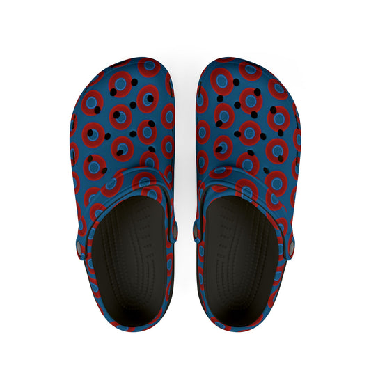 Spatchcocks - donut slip-on shoes - vivid red donuts w/wavy navy blue background [unisex]