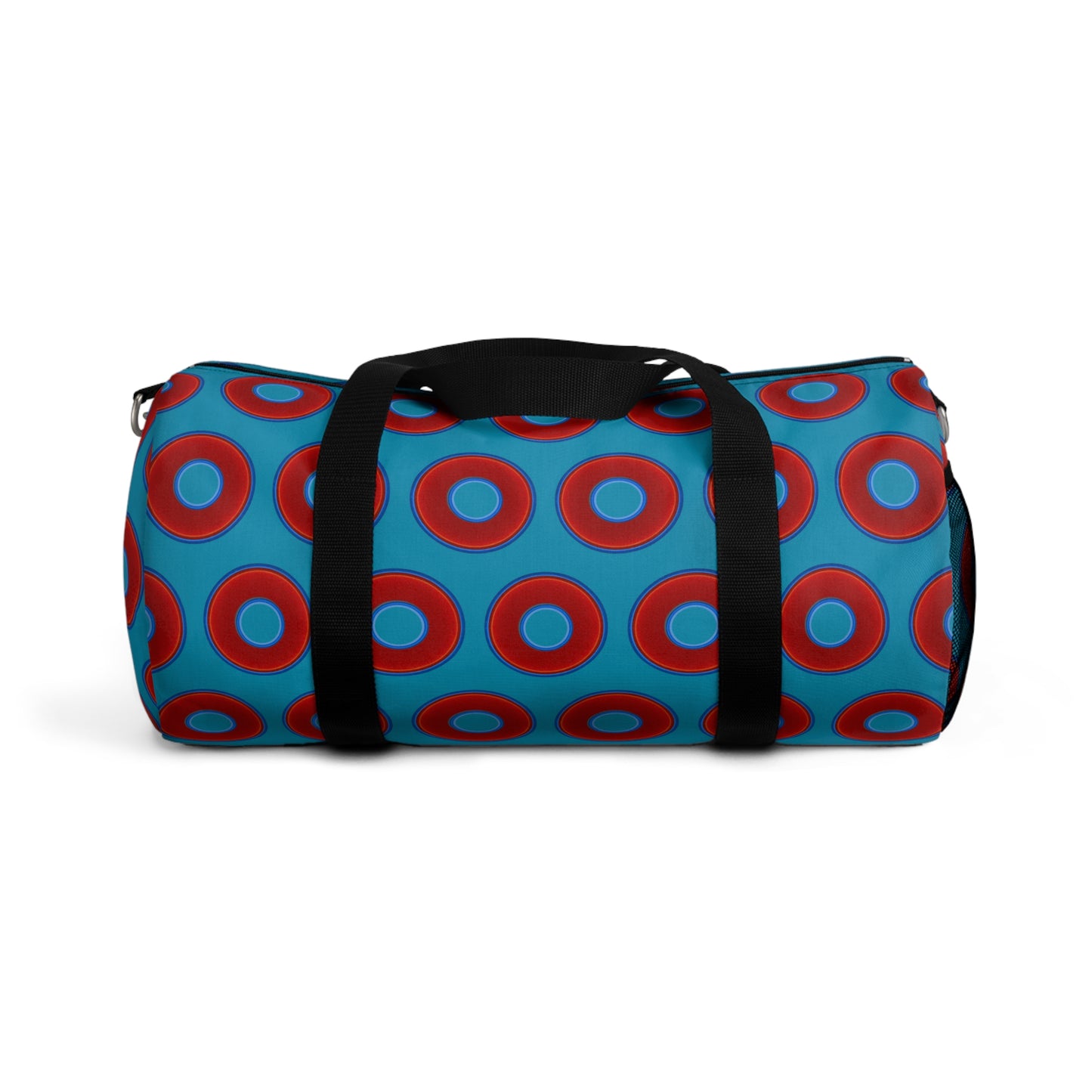Lumpy Duffel - vivid red donuts w/aquamarine blue background