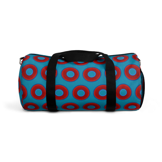 Lumpy Duffel - vivid red donuts w/aquamarine blue background