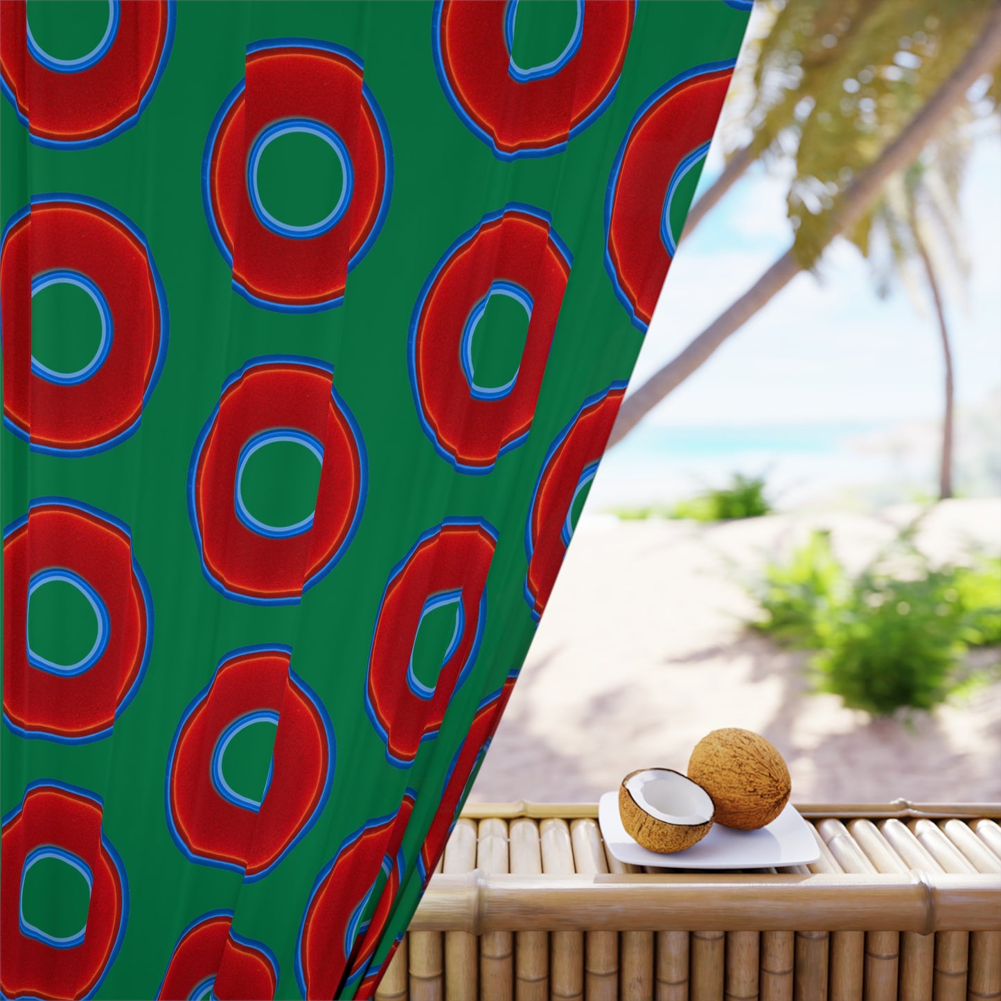 Lump's Heady Curtain w/Donuts - vivid red donut print - green background - [*1 Piece / 50" x 84"]