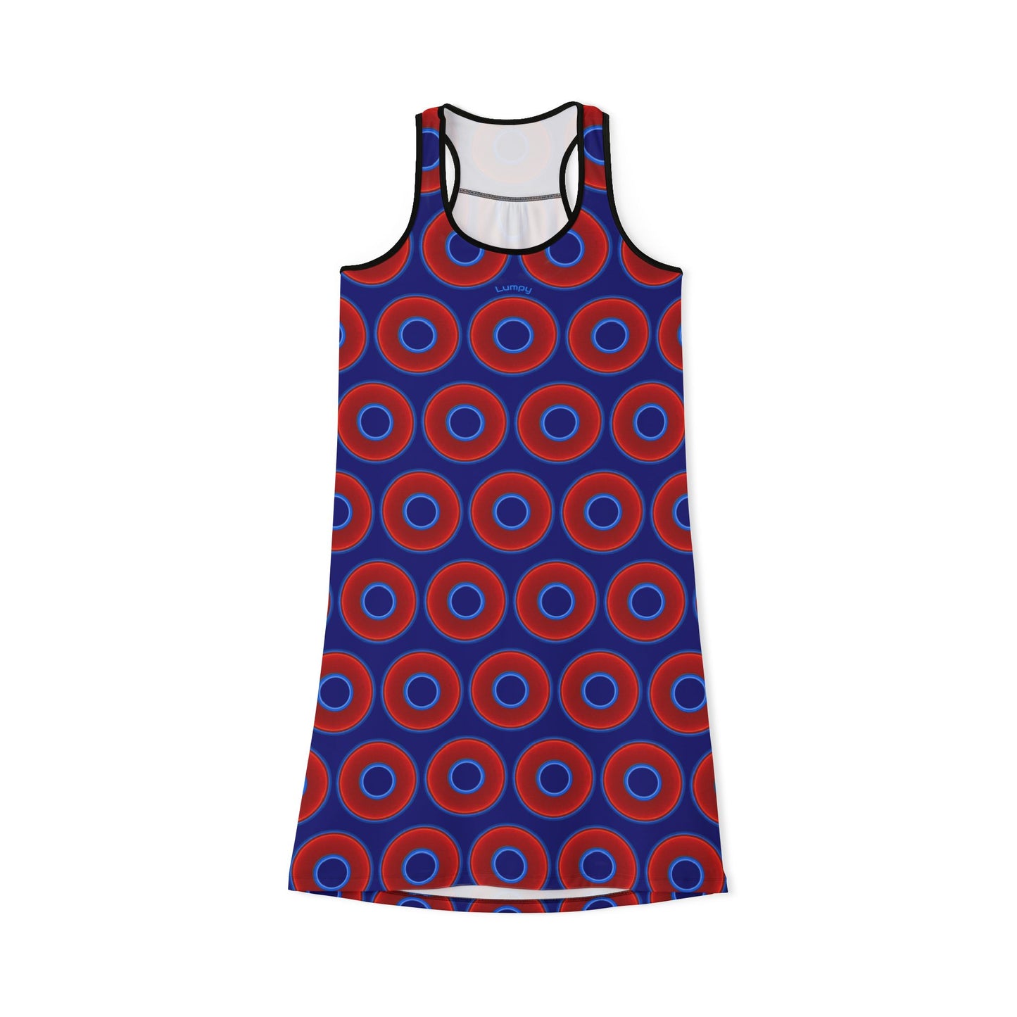 Tela's Lumpy Racerback Donut Dress - red vivid donut print w/vivid navy blue background