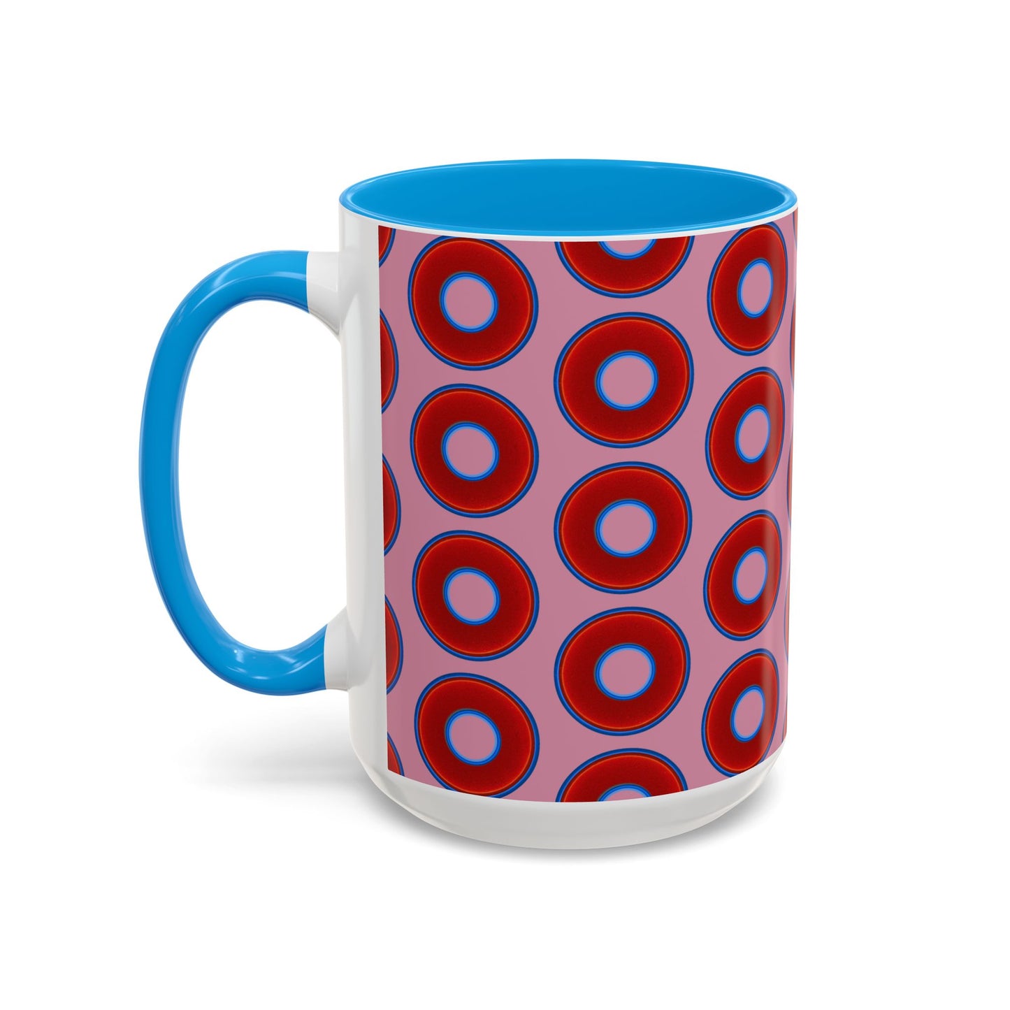 Lump's Grumpy Coffee Mug - vivid red donuts w/pink background