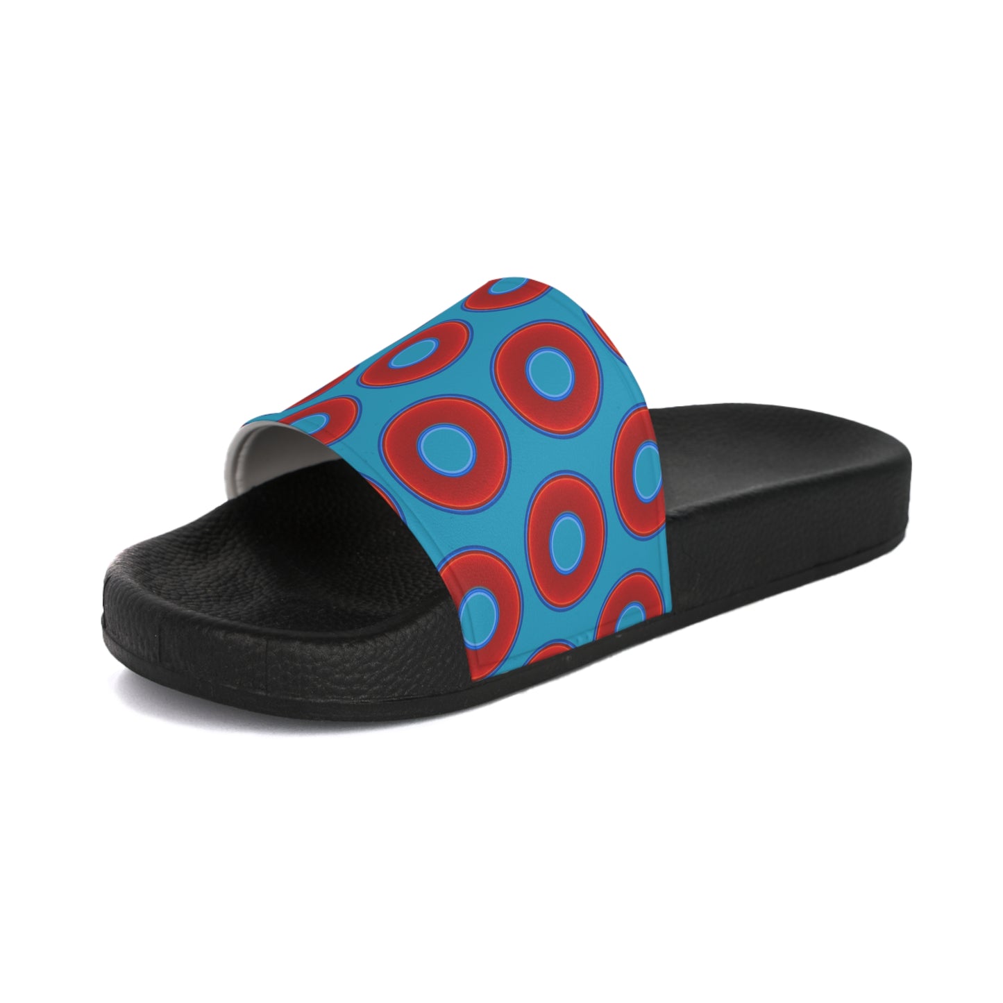 Men's Lumpy Sandals - slip-ons - red vivid donuts w/aquamarine blue background