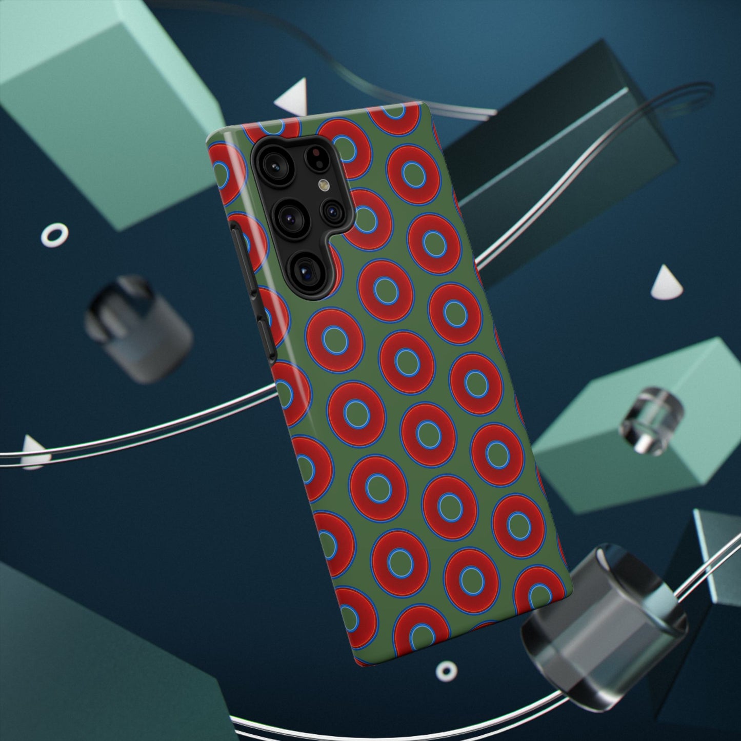 Impact-Resistant Lumpy Donut Case - red vivid donut print w/dark green background