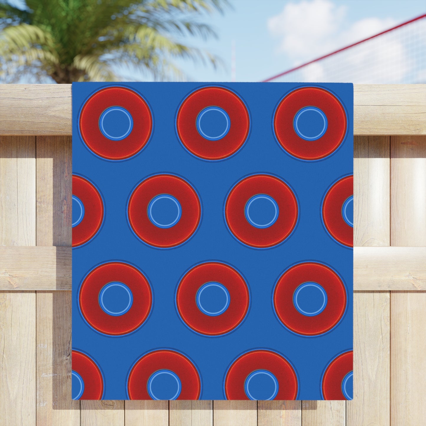 Lumpy Donut Towels - vivid red donuts w/dark royal blue background