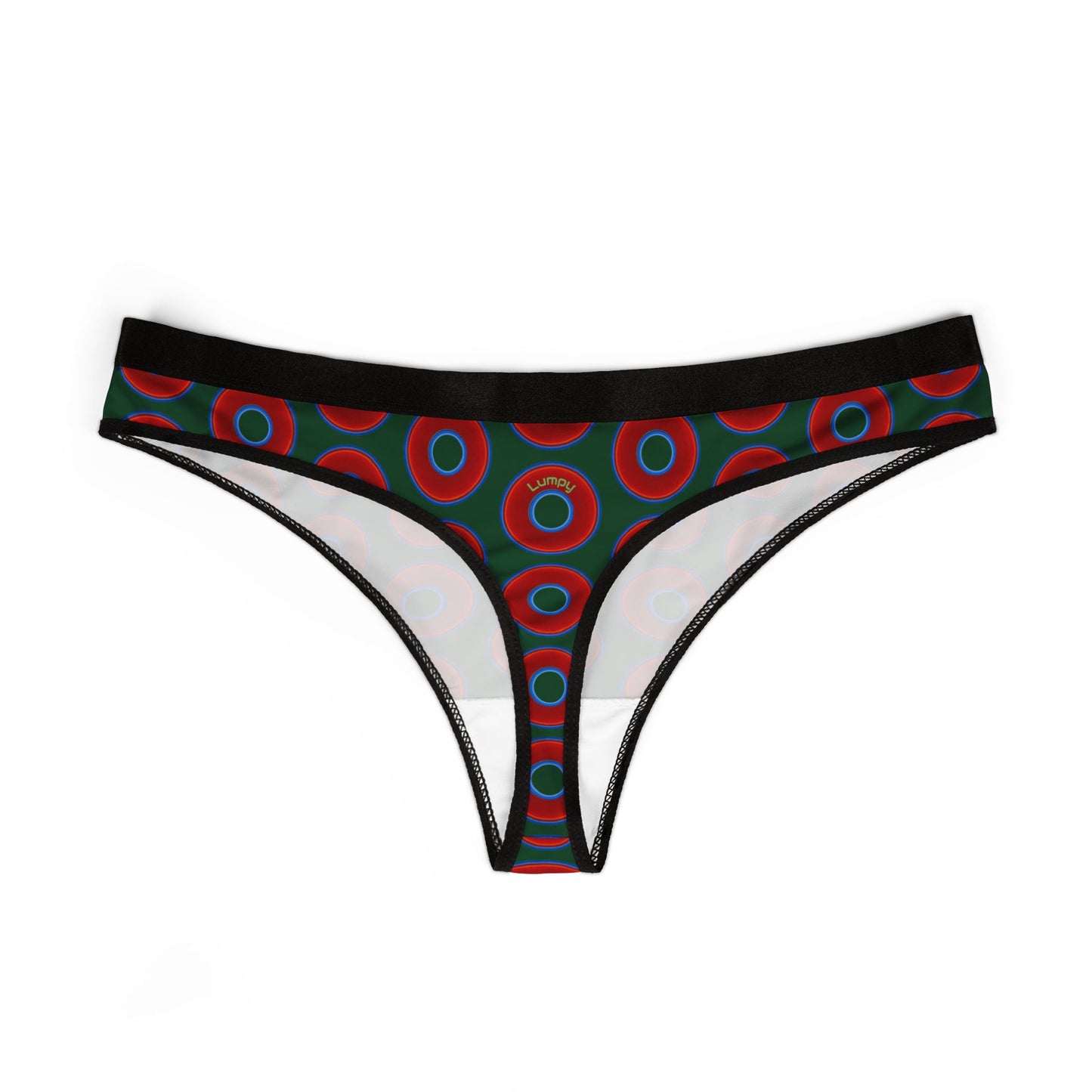 Lumpy Donut Thongs - red vivid donut print w/deep pond green background