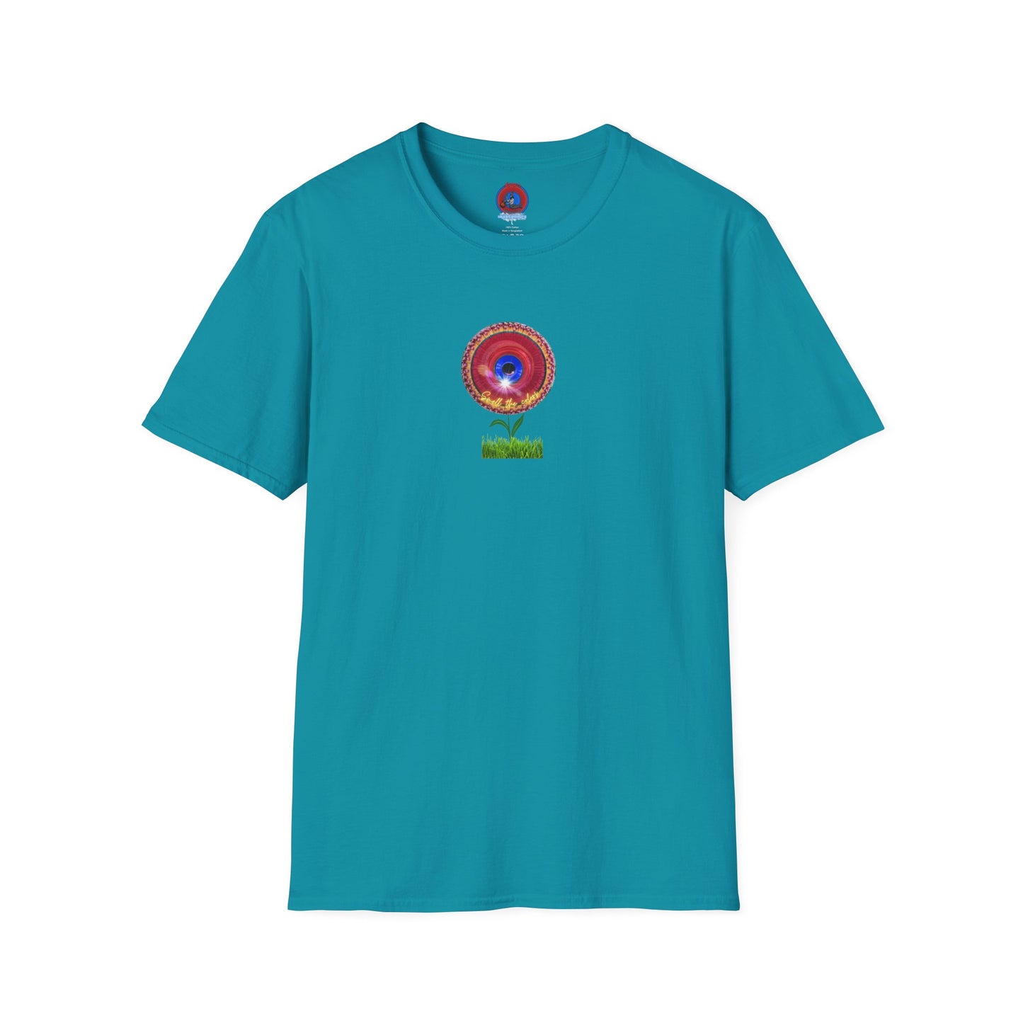 Classic Donut Tee - Unisex Soft-Style - "Smell the Donuts Outside on my Lawn"  " variant 2 - blue donut on red donut/flower