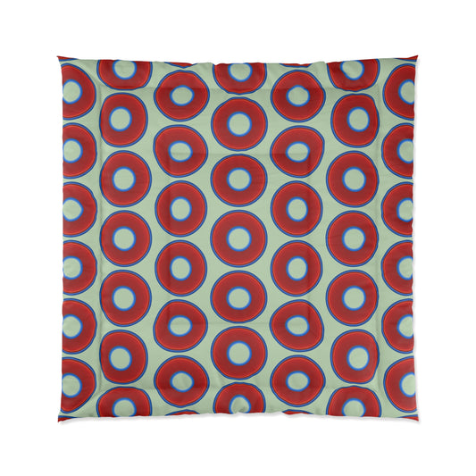 The Very Lumpy Comforter - vivid red donuts w/seafoam background