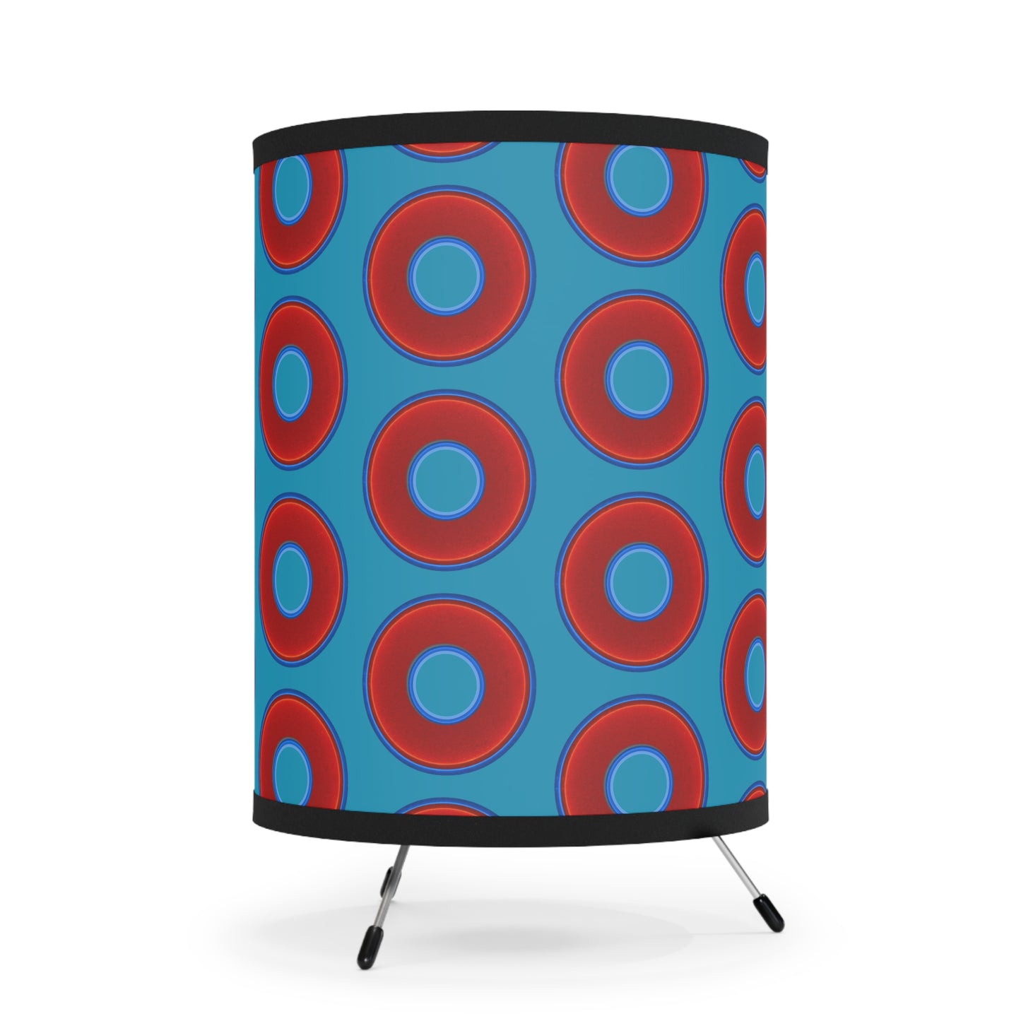 Lumpy Tripod Donut Lamp - vivid red donuts w/aquamarine blue background