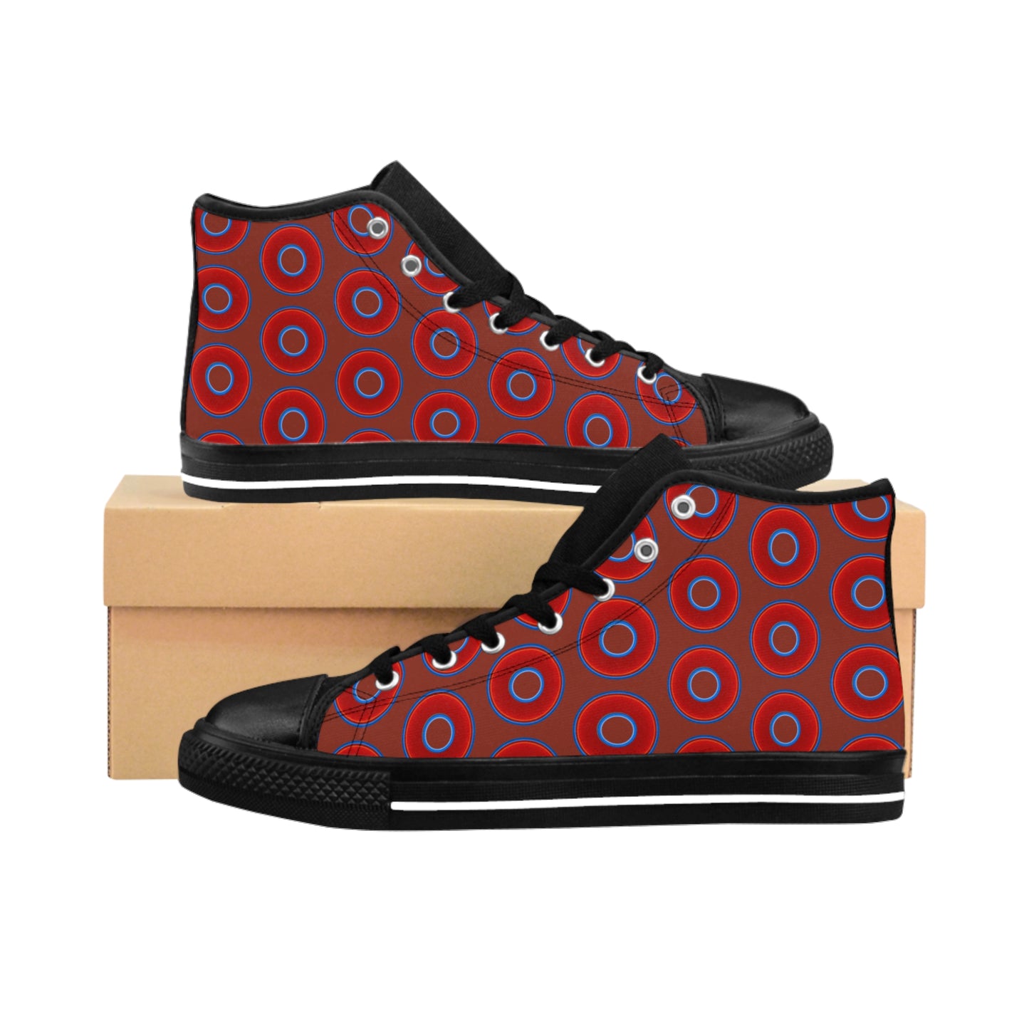 Cushiony Convectors - High Tops - red vivid donuts w/burnt umber background
