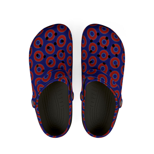 Spatchcocks - donut slip-on shoes - vivid red donuts w/vivid navy blue background [unisex]