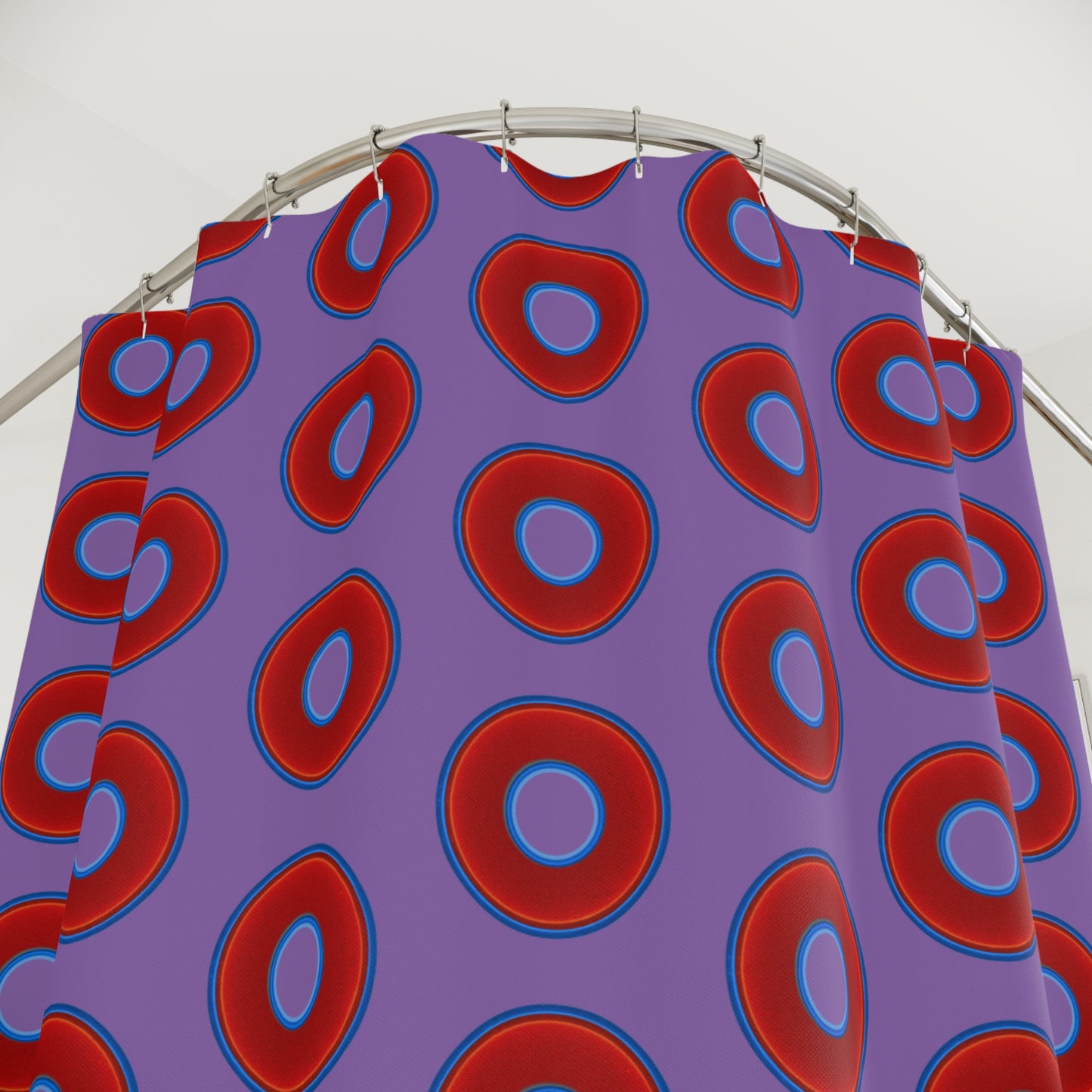 The Curtain With "Donuts" - Lumpy Bath Time Fun - vivid red donuts w/light purple background