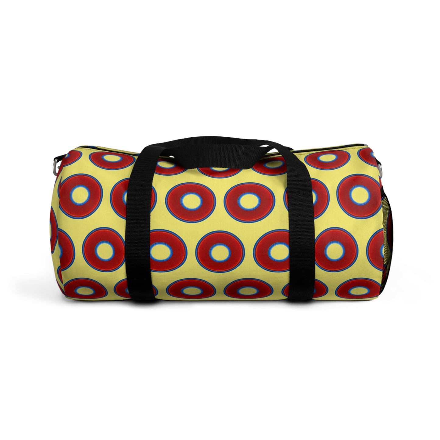 Lumpy Duffel - vivid red donuts w/yellow background