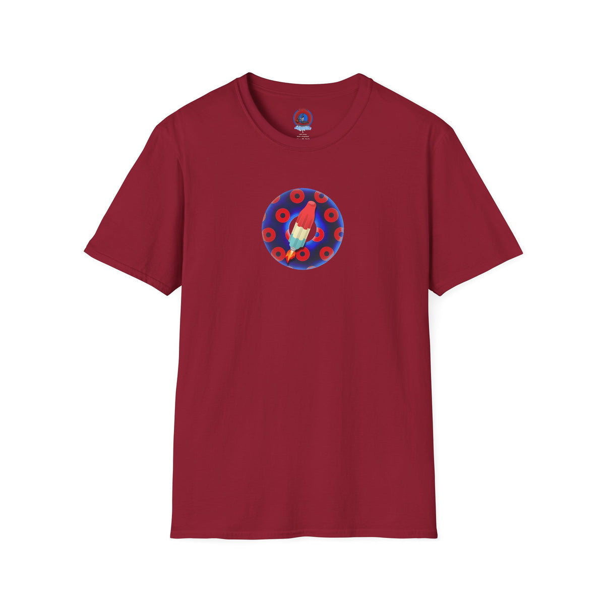 Classic Donut Tee - Unisex Soft-Style - "Blow this Popsicle Stand" - blue/red paradox bomb pop donut - variant 1
