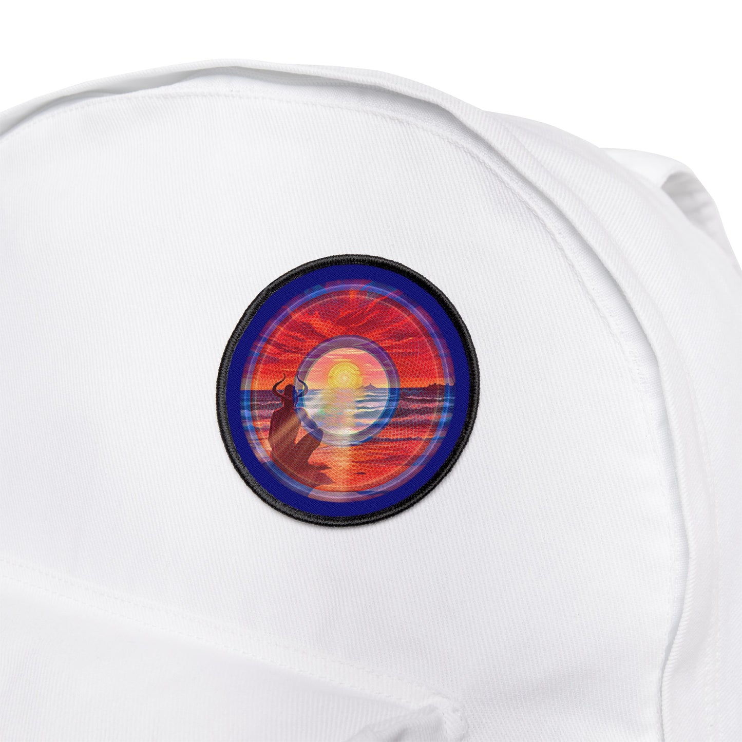 Iron-On Donut Patch - "The Squirming Donut Patch of Sunset" - rustic red/blue vivid pic donut