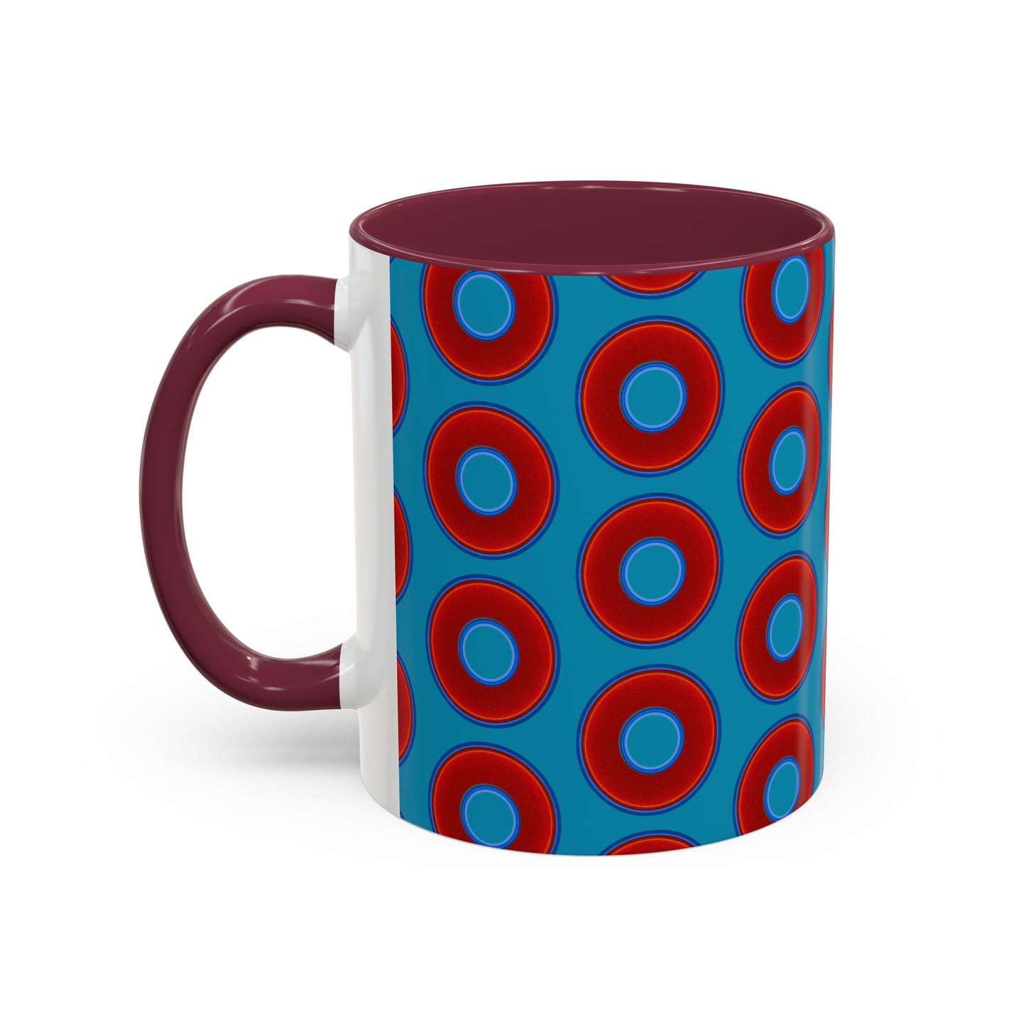 Lump's Grumpy Coffee Mug - vivid red donuts w/aquamarine blue background