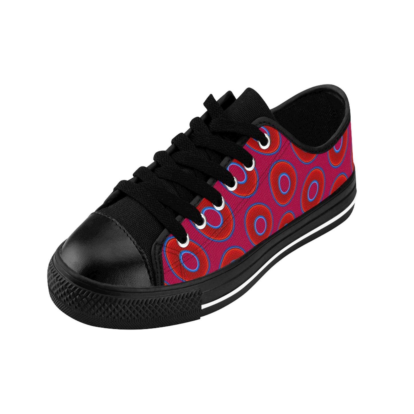 Men's Cushiony Convectors - Low Top - large red vivid donut print w/dark magenta background
