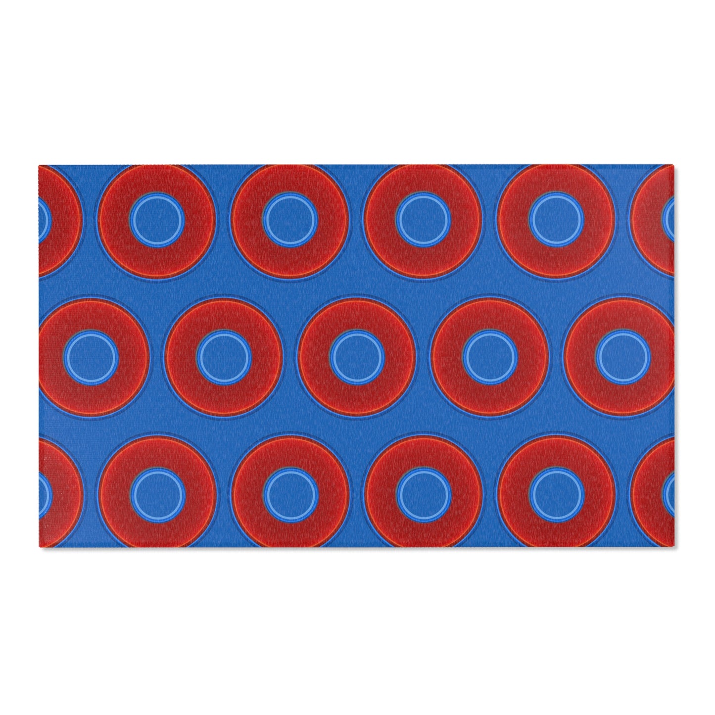 Lumpy Donut Print Rug - choice of 3 sizes - vivid red donut print w/dark royal blue background