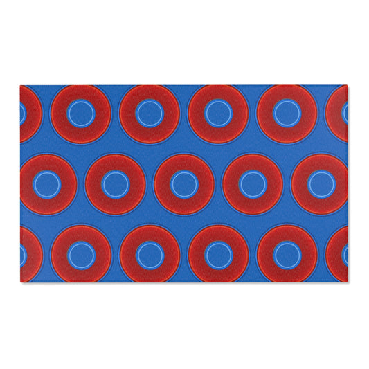 Lumpy Donut Print Rug - choice of 3 sizes - vivid red donut print w/dark royal blue background