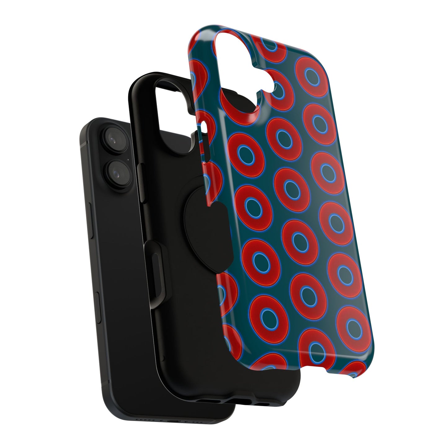Impact-Resistant Lumpy Donut Case - red vivid donut print w/midnight green background