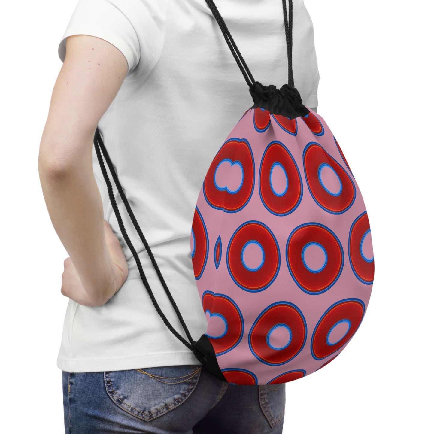 Lumpy Donut Drawstring Bag - red vivid donuts print w/pale magenta background