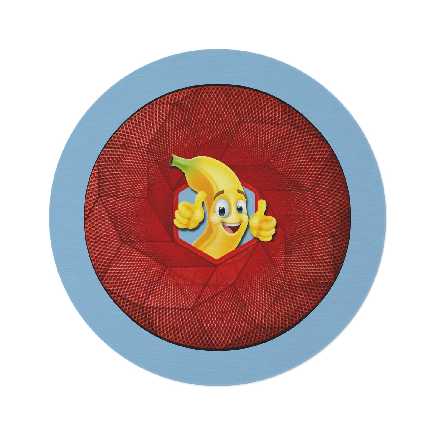 Round Room - 5 ft x 5 ft Lumpy Donut Rug - "Banana Bread Donut " - red cube donut w/sky blue background - variant 4