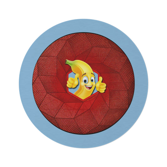 Round Room - 5 ft x 5 ft Lumpy Donut Rug - "Banana Bread Donut " - red cube donut w/sky blue background - variant 4