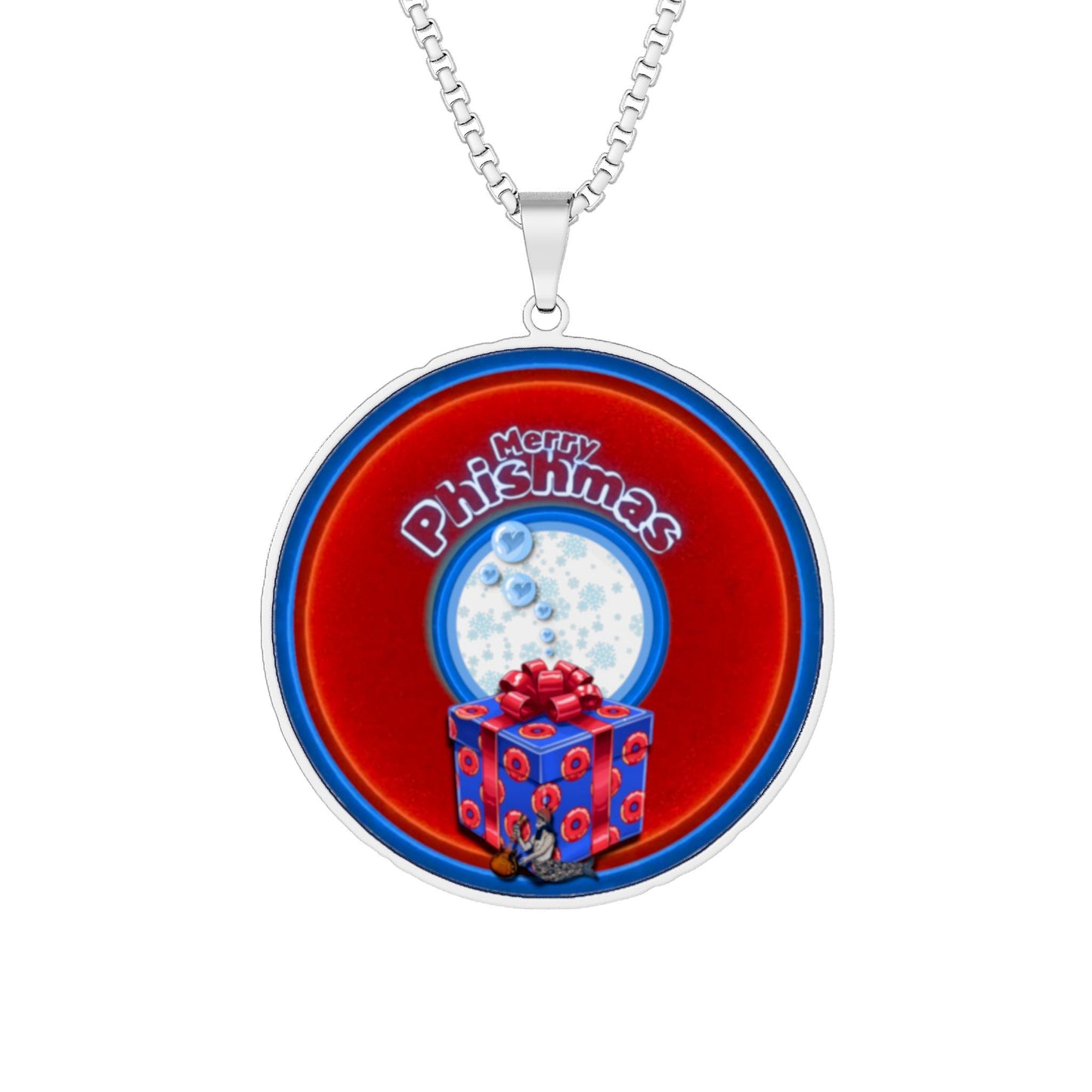 Lump's Heady Donut Necklace - 1" x 1" Stainless Steel Pendant - "Phishmas Caroler's Donut" - vivid red/blue donut - variant 3