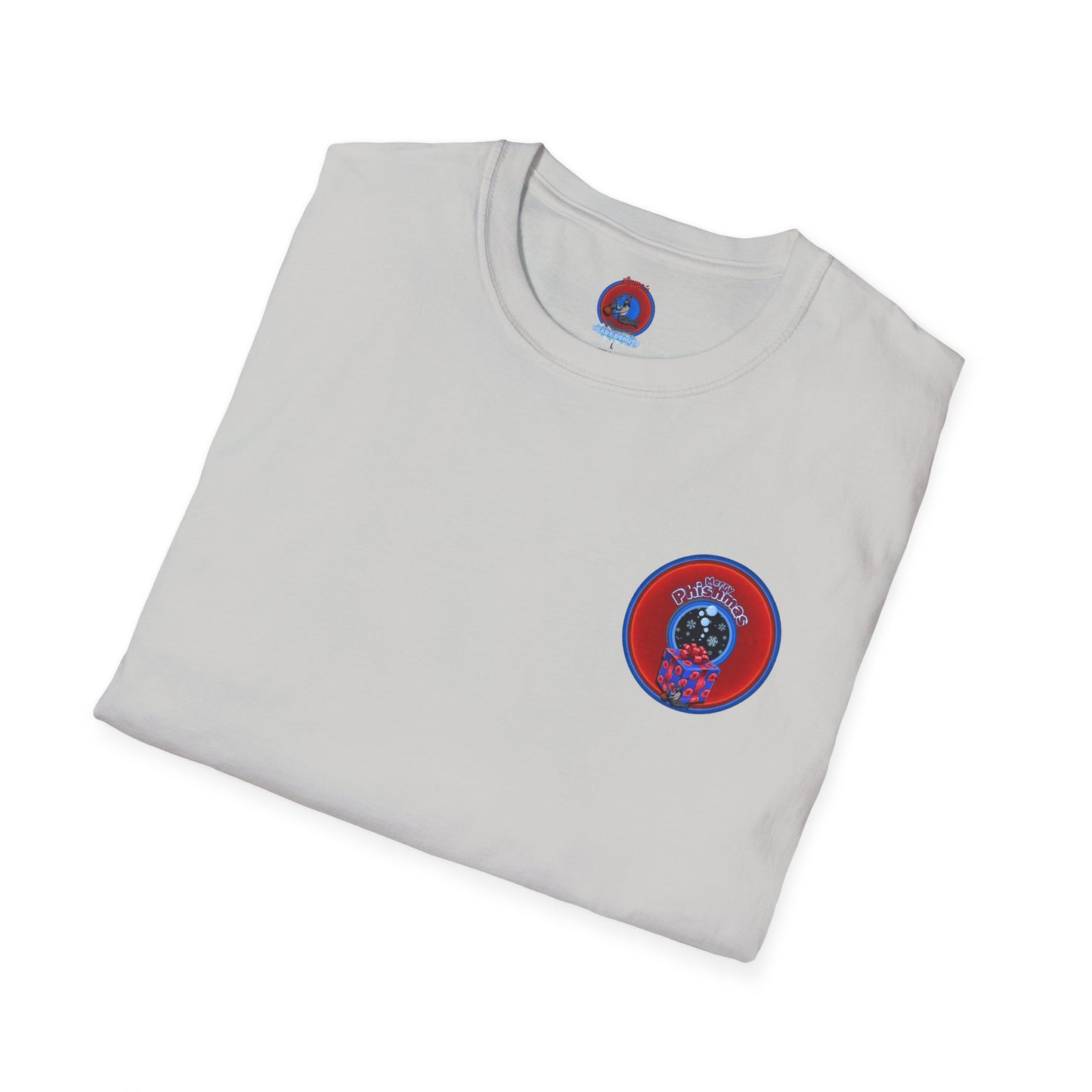 Classic Donut Tee - Unisex Soft-Style - "Phishmas Caroler's Tee " - vivid red/blue donut - variant 4