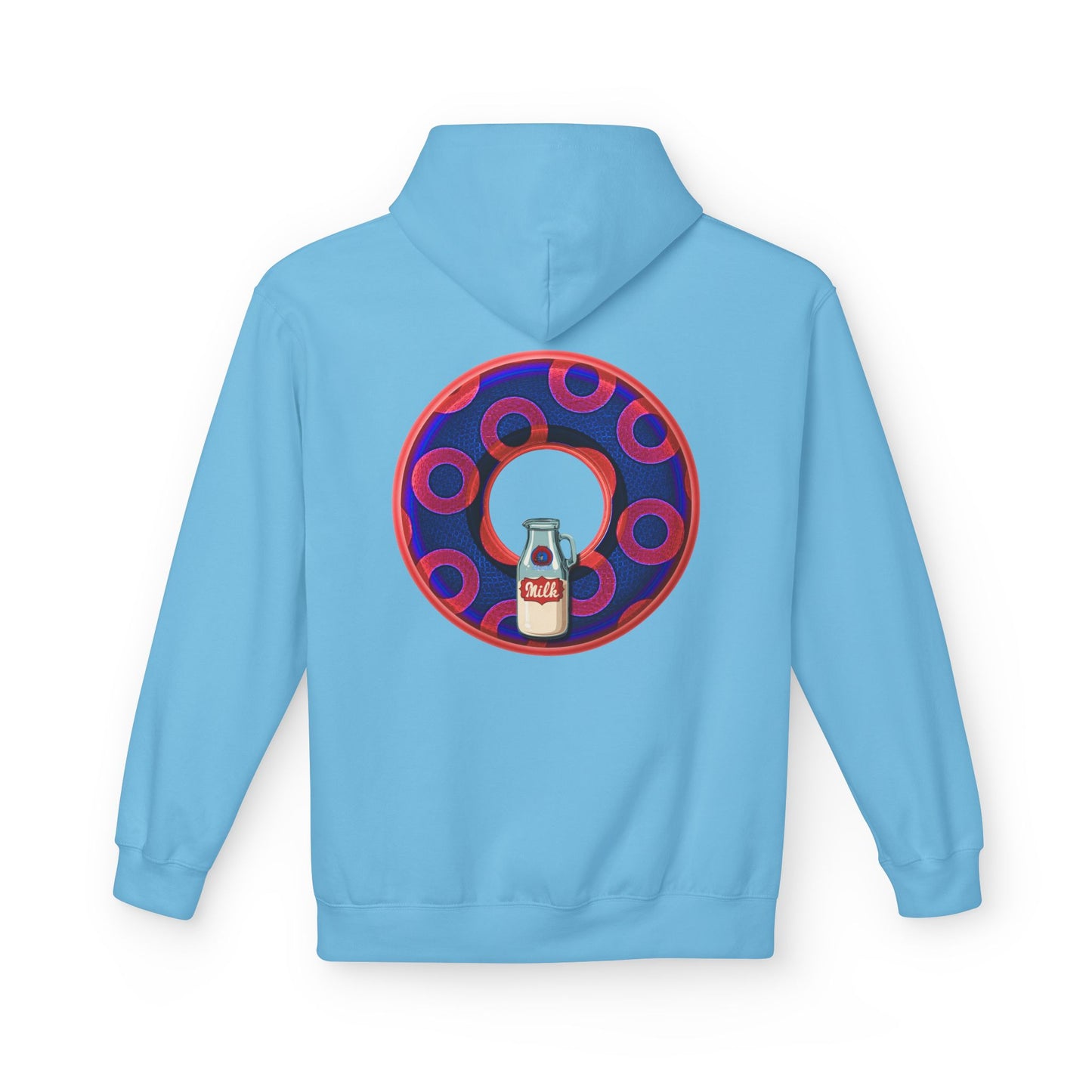 Fleece Harry Hoodies [Midweight Soft-style] - "Wooked Cream Dairy - YEMSG Donut" - electric blue/red rustic paradox donut - variant 2