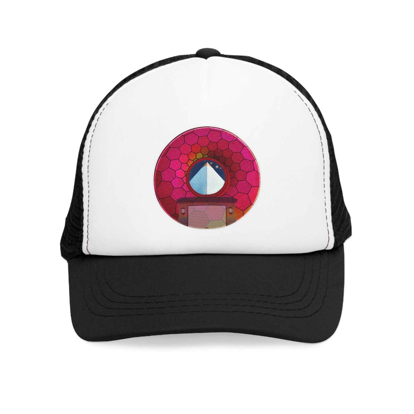 Lumpy Trucker Hat - "Limestone Blocks so Large" - variant 6 - magenta hexadonut w/2 car garage