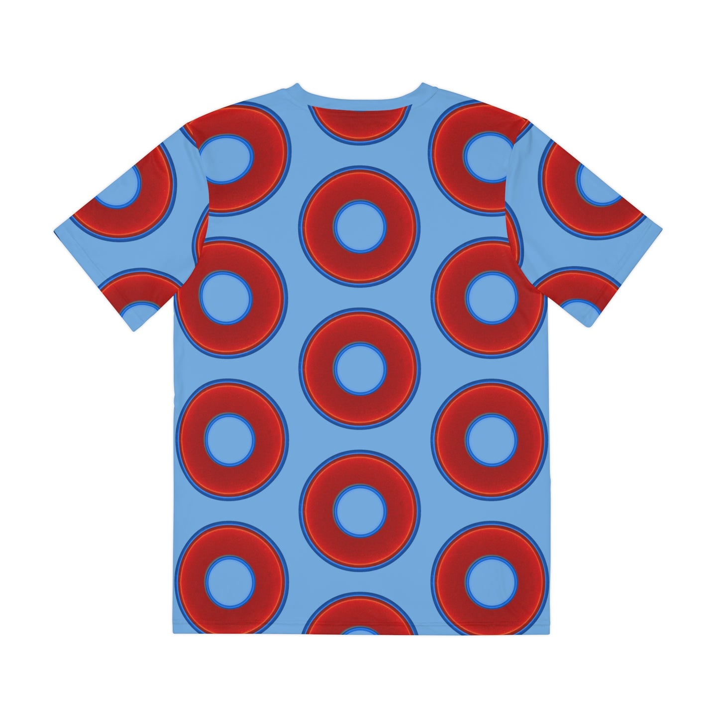 Multi-Beastie Giant Donut AOP Polyester Tee - red vivid donut print w/light blue background