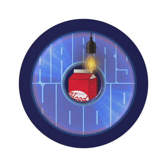 Round Room - 5 ft x 5 ft Lumpy Donut Rug - "Harry's Preferred Donut Rug" - vivid blue/violet word donut w/navy blue background - variant 4