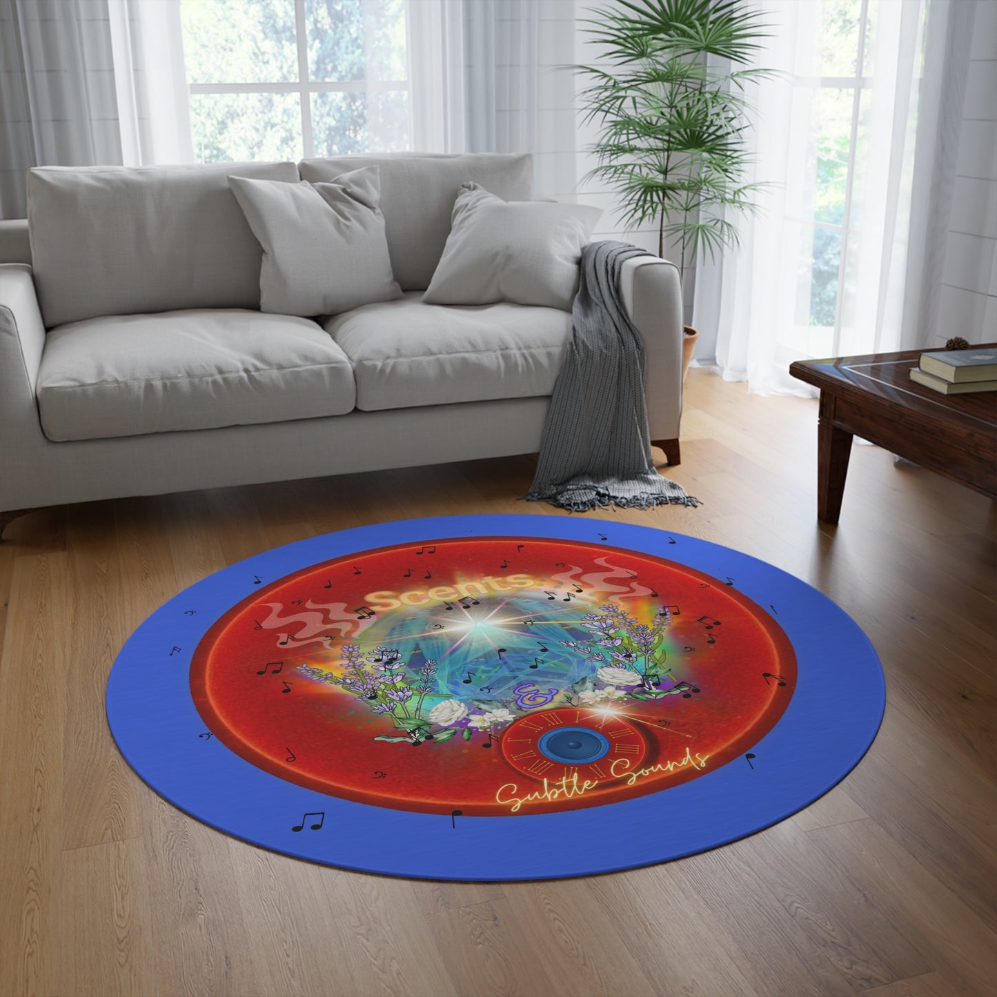 Round Room - 5 ft x 5 ft Lumpy Donut Rug - "The Scented & Subtly Delicious Donut Rug" - vivid red donut w/royal blue background