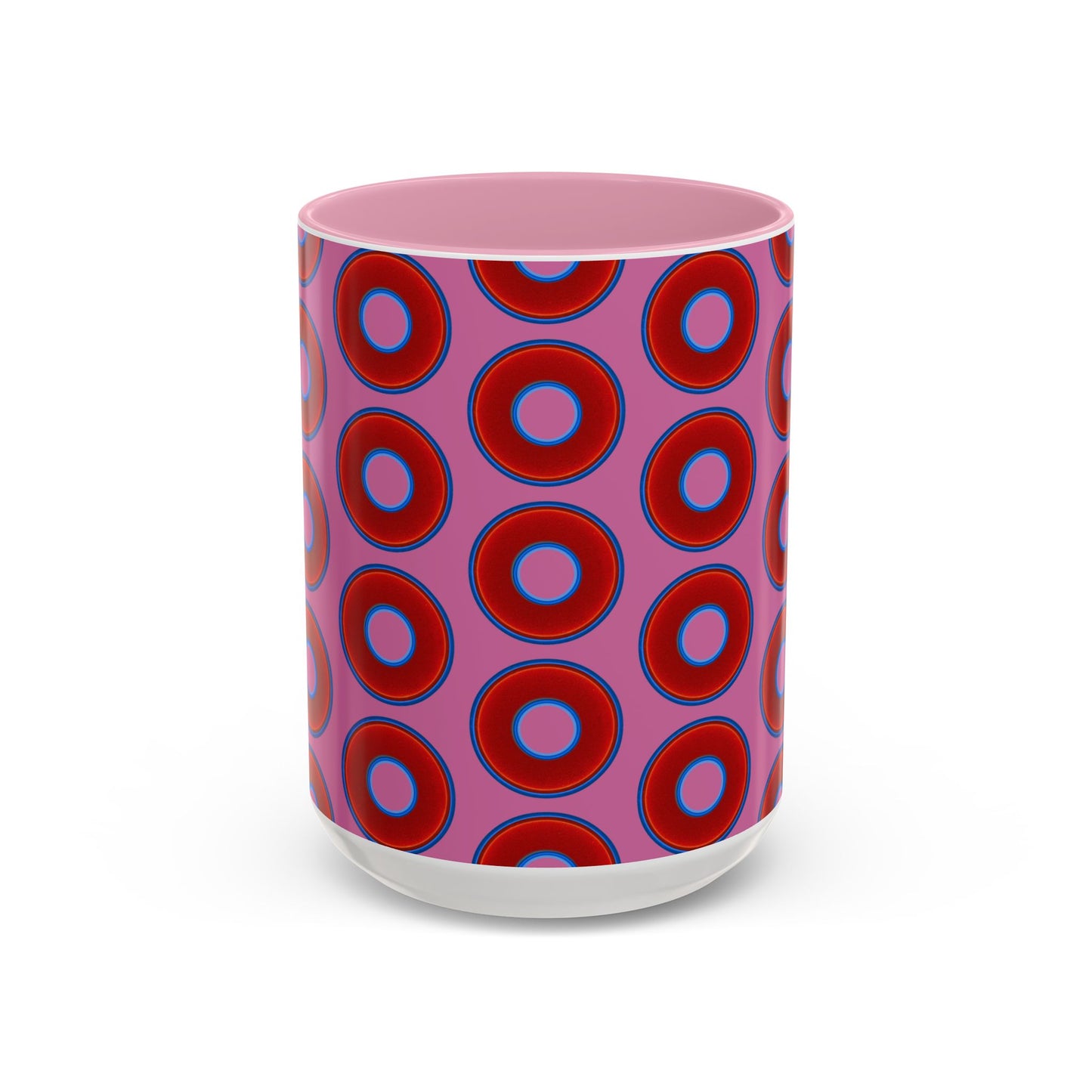 Lump's Grumpy Coffee Mug - vivid red donuts w/pink background