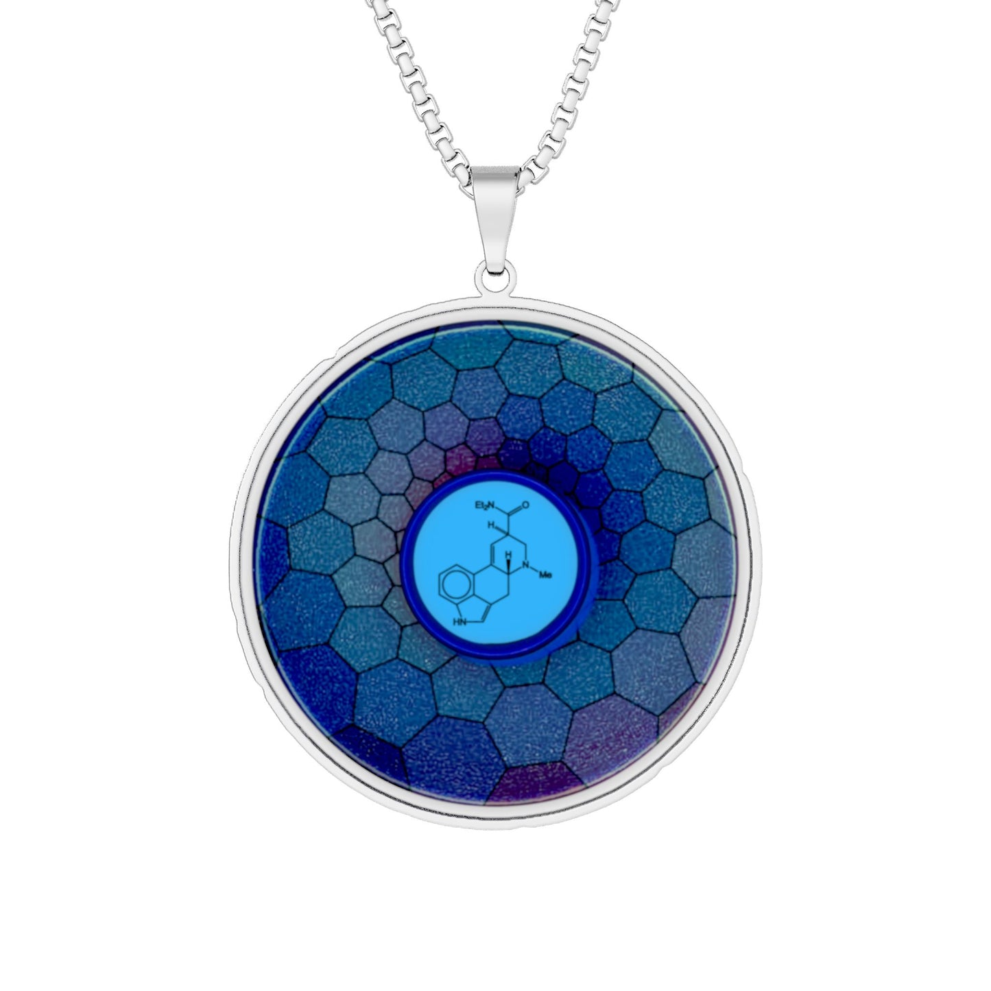 Lump's Heady Donut Necklace - 1" x 1" Stainless Steel Pendant - "Dr. Albert Hofmann's Donut" - blue cubed donut w/background - variant 2